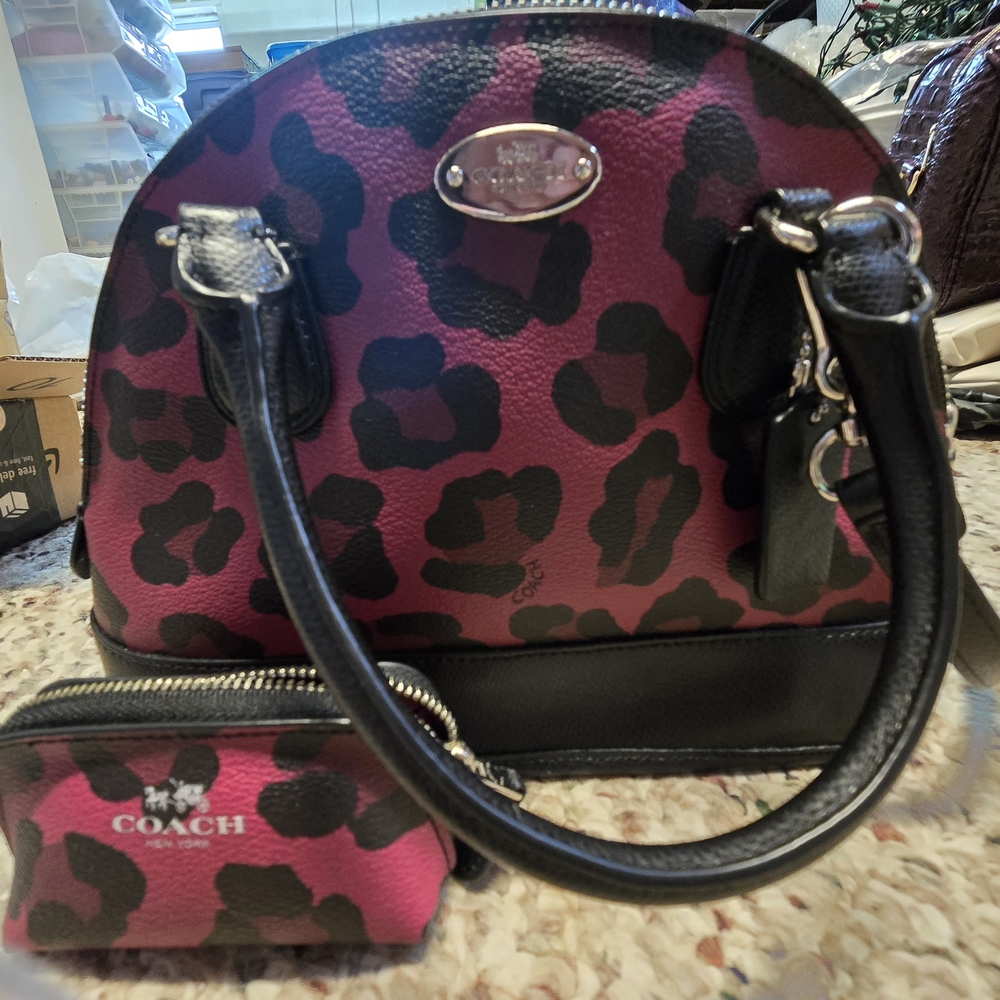 Coach Black and Pink Leopard Satchel With Matching Change Purse RARE